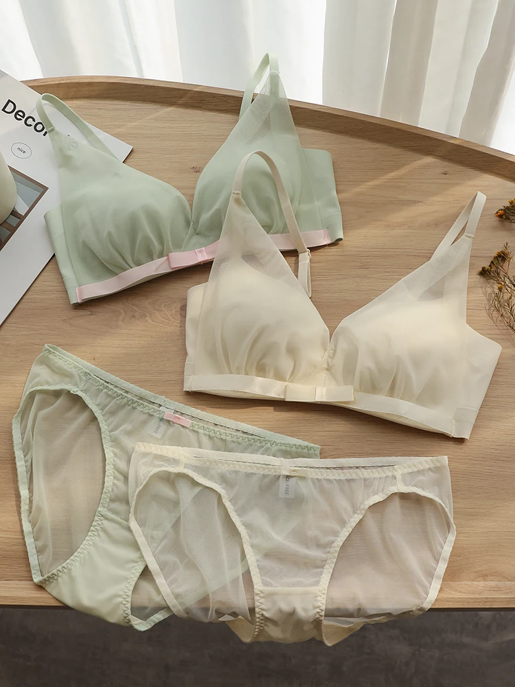 可愛い蝶結びデザインのシフォン素材ブラジャー：ワイヤーなしで軽やかな夏の着用感を実現