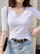 極上の柔らかさコットンVネック五分袖Tシャツ【レディース・フィットデザイン・春秋夏用】