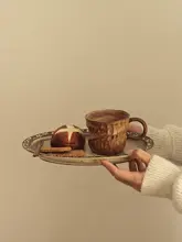 レトロな侘寂スタイルの粗陶製朝食プレート【多用途・釉下彩】