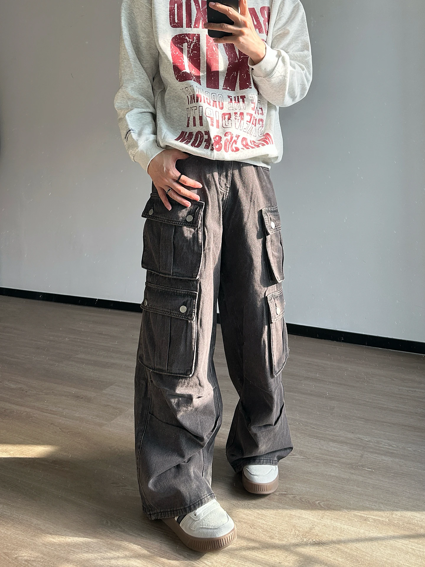 マルチポケット ヴィンテージウォッシュ デニムパンツ 男女兼用 ワイドレッグパンツ
