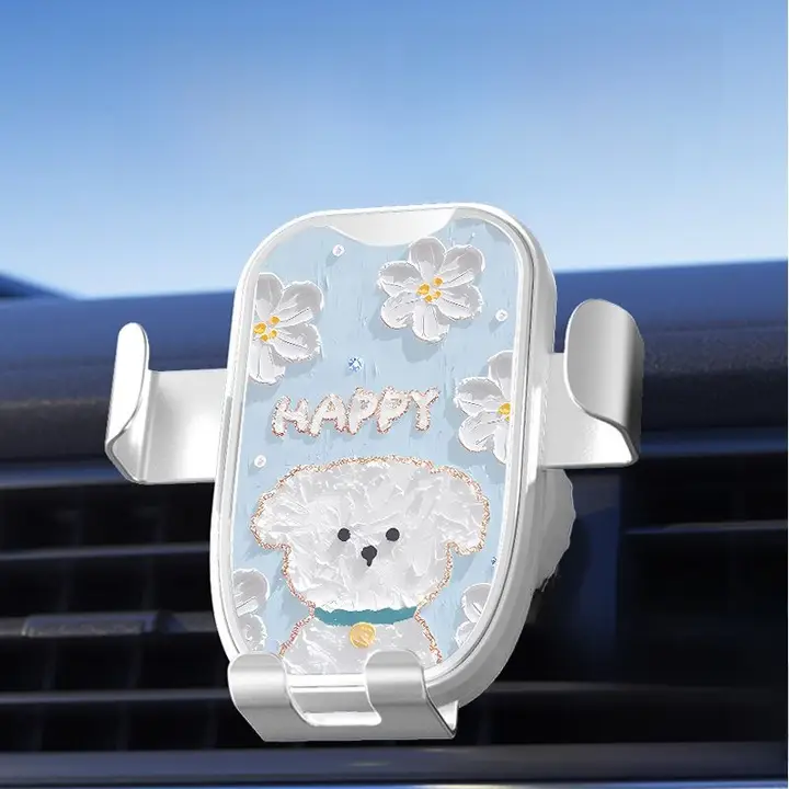 油絵の小犬デザイン 車載スマホホルダー【エアコン吹出口固定・安定性】