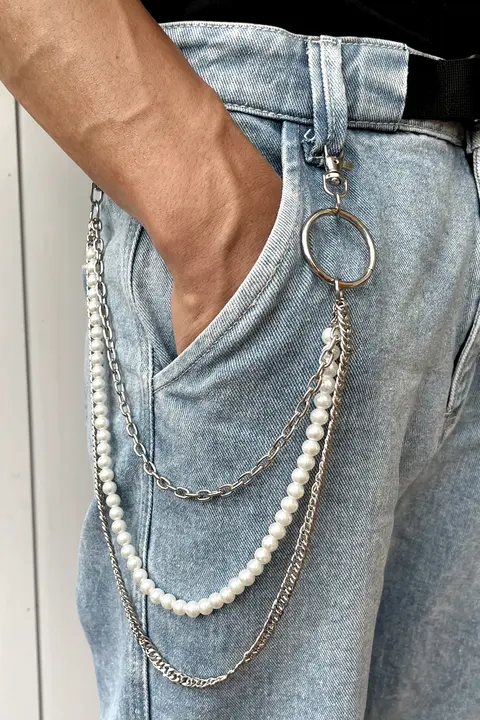 個性的なパール多層ウエストチェーン【ストリートスタイル・デニムパンツ用・スカートアクセサリー】（セットアップ対応）