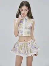 都市の少女 花柄プリント スリットバックノースリーブトップスとローウエストパンツ（セットアップ対応）