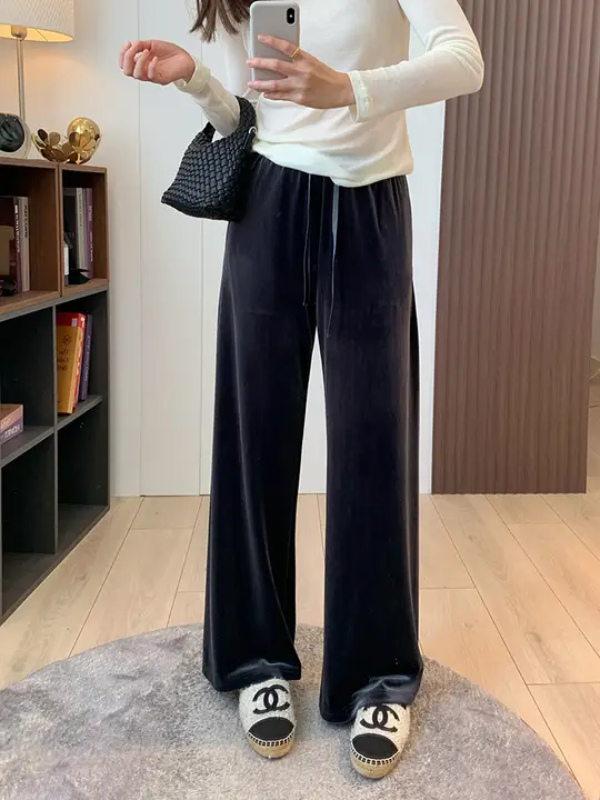 エレガントなシルクベルベット素材のワイドパンツ【快適・スリム効果・多用途】
