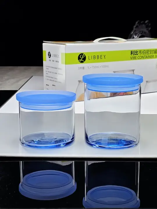 防湿機能付き 青色ガラス製の蓋付き収納容器【多用途・スタッキング可能】
