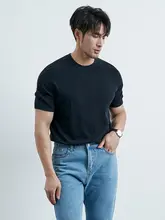 夏用 紳士向け 高級感のあるコットンビジネスカジュアル 半袖Tシャツ【黒・クルーネック・コットンニット】