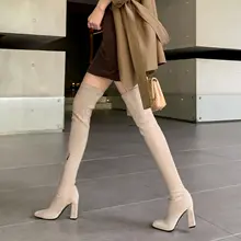 女性用ロングブーツ【エラスティックデザイン・スエード素材・カキ色・ハイヒール】