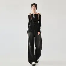 ブラックデニムサロペットパンツ【春用・フィット・ストレートレッグ】