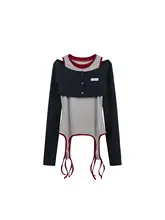 デザイン性のある重ね着風長袖ニットトップス【女性用・細身・色の重なり】（セットアップ対応）