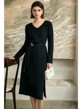 COKEYA 羊毛混紡 Vネック長袖ニットワンピース【ウエストマーク・秋冬用】