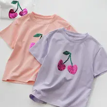 ラメ入り小さなチェリー柄 キッズコットンTシャツ【女の子用・ラウンドネック・短袖・薄手】