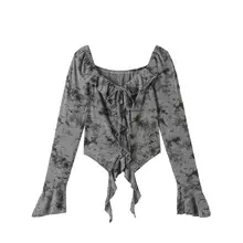 独特な雰囲気のタイダイ柄フリル付き長袖Tシャツ【フランス風・ウエストシェイプ・秋用】
