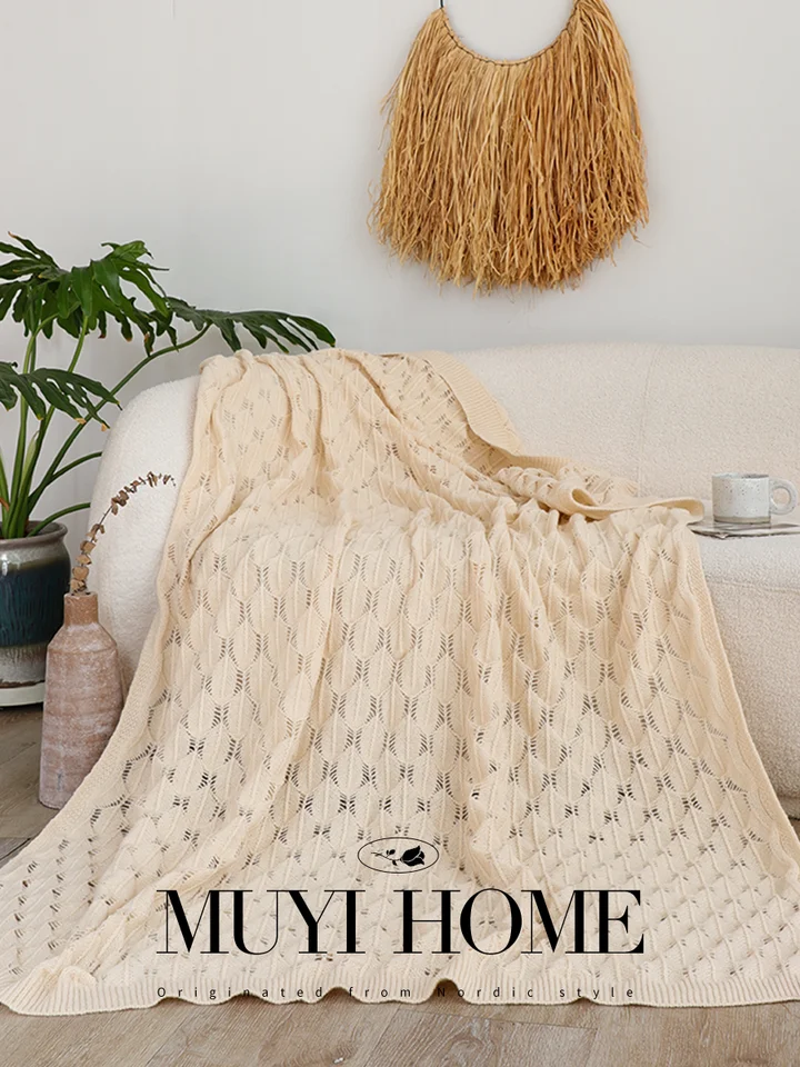 立体的な葉のデザインのニット毛布【インテリア装飾用・リビングやソファ用】