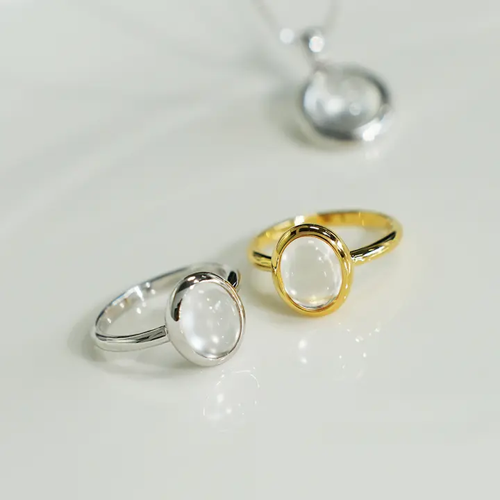 高冰ガラス素材 天然水沫玉リング【シンプルデザイン・卵面・国風ジュエリー】