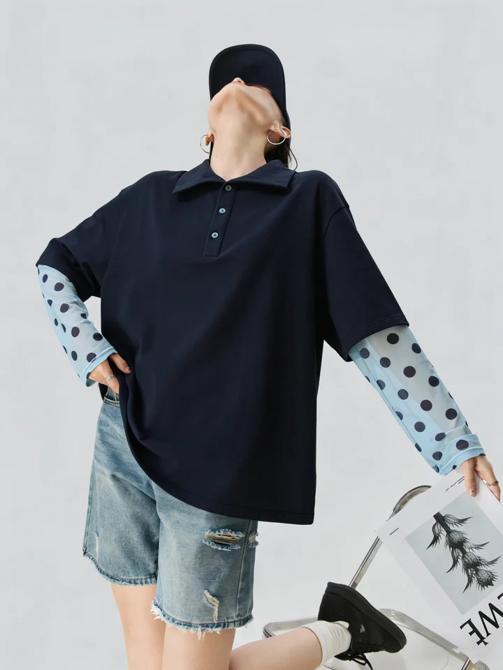 深青色ポロシャツ風長袖Tシャツ【女性用・独特なデザイン・美しい】（セットアップ対応）