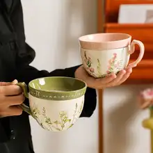 ENDLESS 大容量 陶器 コーヒーマグカップ【フラワー柄・リッド付き・プレート付き】