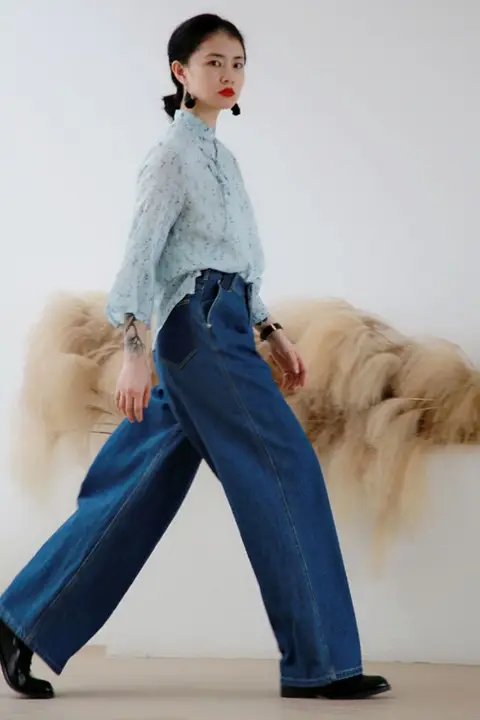 高腰デニムワイドパンツ【重工デザイン・レッグラインを強調・万能シーン対応】