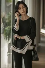 撞色デザインの九分袖シフォンブラウス【女性用・ゆったりシルエット・秋用】（セットアップ対応）