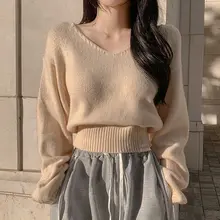 ヴィンテージ風Vネックニットセーター【ウエストシェイプ・長袖・女性用】