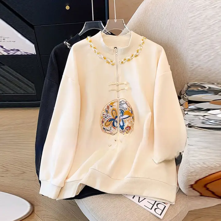 新中式国風デザインの長袖パーカー【ゆったりしたシルエット・盤扣付き・秋用】（セットアップ対応）