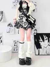 個性的なレッグリング付きニットブーツカットソックス【チェーン・レザー留め具・ブラック】