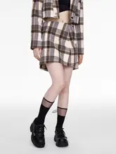 高腰チェック柄スカート【レトロスタイル・Aライン・不規則ヘム・女性用】