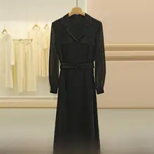 洗練されたデザイン！スーツ襟の不規則シルエットウエスト絞りドレス【長袖・小さな黒ドレス】（セットアップ対応）