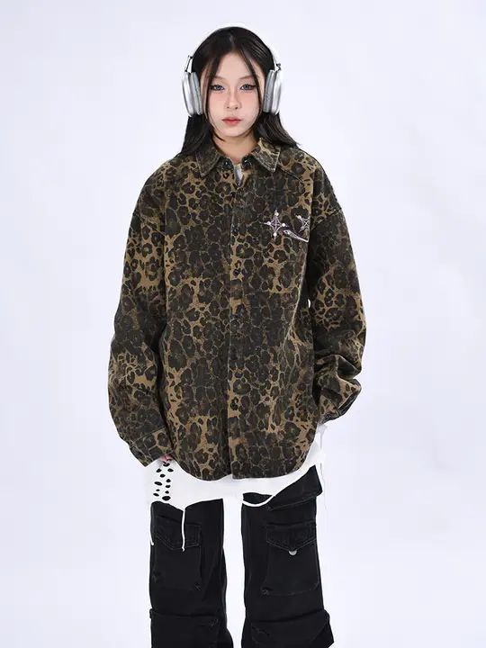 OV 春季用 ヴィンテージ風レオパード柄 ウォッシュドデニムジャケット【ユニセックス・ルーズフィット・カジュアル】