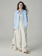 レディース クラシックブルー長袖シャツ【春秋用・ゆったりサイズ・シンプルデザイン】
