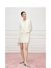 真丝小香风スカートと外套のコーディネート【白色・軽やかで上品・シルクとウール】（セットアップ対応）