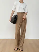 ハイウエストストレートスーツパンツ 女性 秋 カーキ色 ブラック 通勤 ドレープ感 ロングワイドパンツ