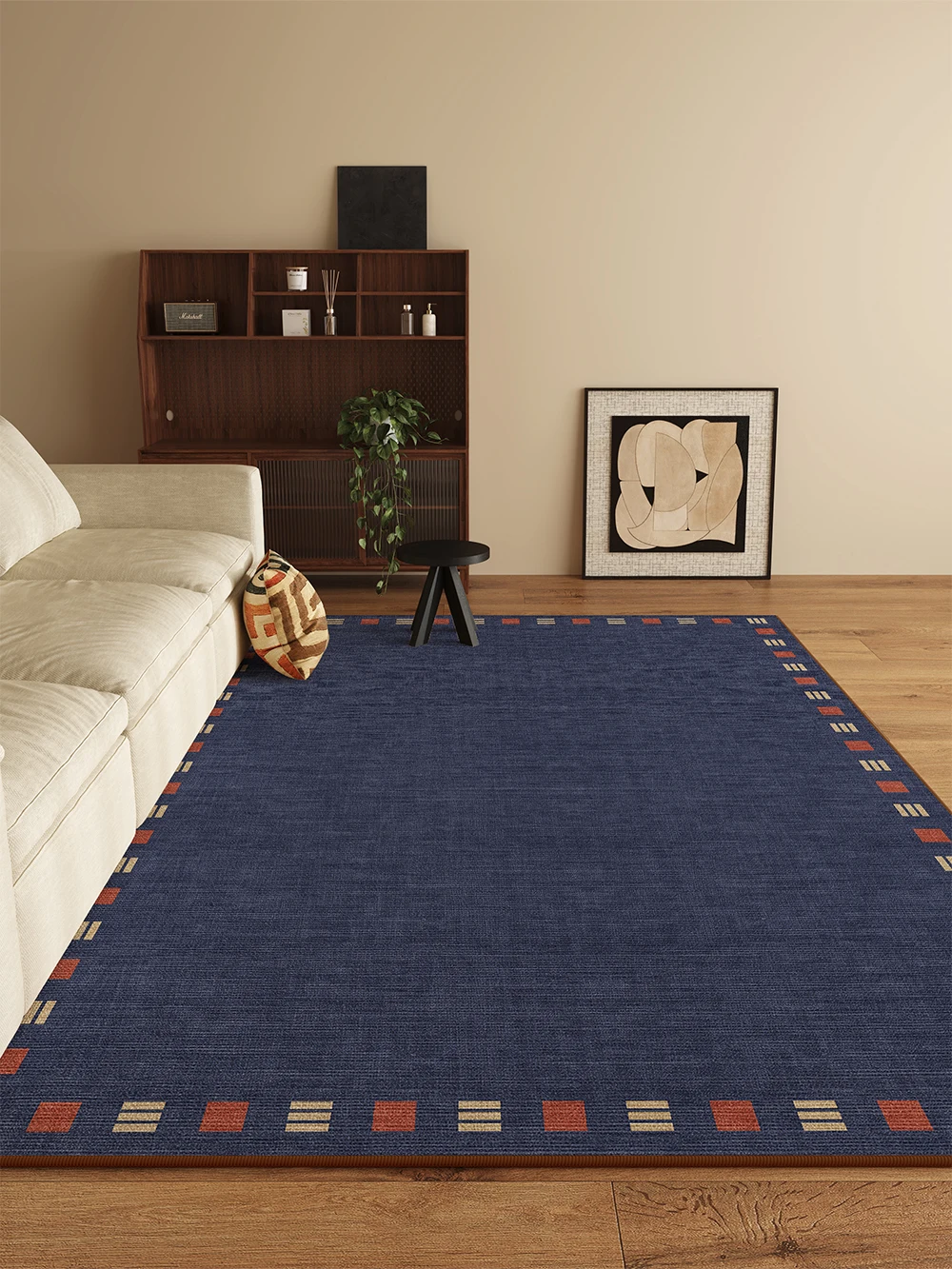 ブルーのヴィンテージデザインラグ：リビング用チェック柄の抗菌・洗えるタイプが実際どうか