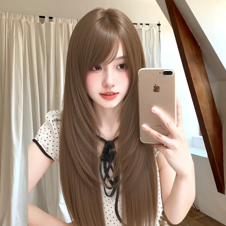 ナチュラルな色合いと高いレイヤリングのロングストレートウィッグ【日常用・フルカバースタイル】