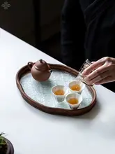 ガラス製の海棠模様の茶托盤【竹製・シンプルデザイン・ティールームやフルーツ用】