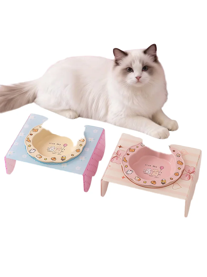花柄陶器製の猫用高台ボウル【首を守るデザイン・黒ずみ防止】