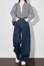 高腰ワイドデニムパンツ【スリム効果・ストレート・深い青色・カジュアル】（セットアップ対応）