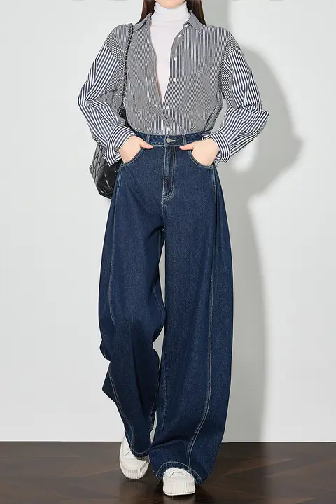 高腰ワイドデニムパンツ【スリム効果・ストレート・深い青色・カジュアル】（セットアップ対応）