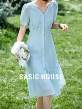 Basic House フリルヘムの夏用ミディアムドレス【可愛いデザイン・フランス風】