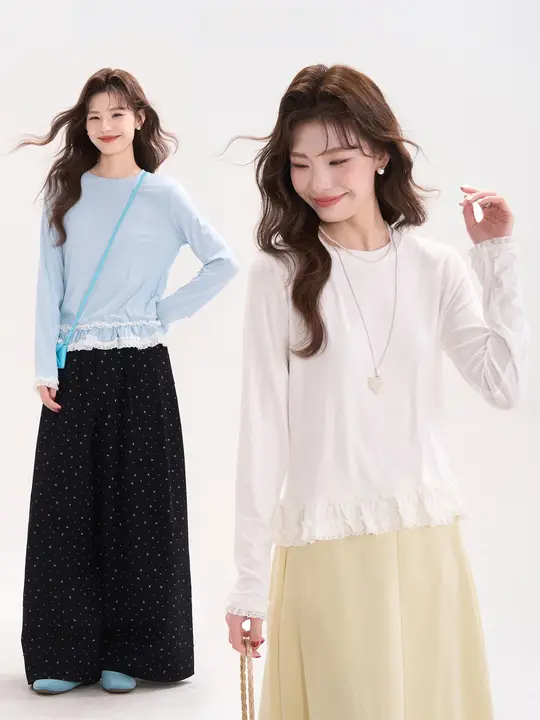 春用 花柄レース長袖Tシャツ【韓国風・ラウンドネック・女性用】