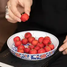 青花模様の陶製お茶セット用トレー【高級感ある蓋付き茶碗・点心皿】