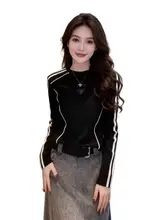 肩線入りストライプ柄長袖Tシャツ【女性用・コットン・大きいサイズ・スリムフィット】