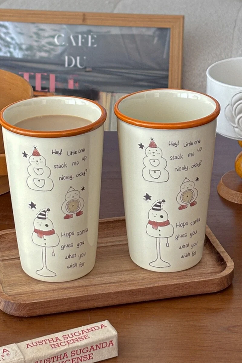 かわいいスノーマンデザインの陶器カップ【大容量・家庭用・牛乳やコーヒーに最適】