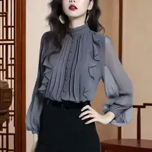 高級シフォン立衿ブラウス【フリルデザイン・長袖・春秋対応】（セットアップ対応）