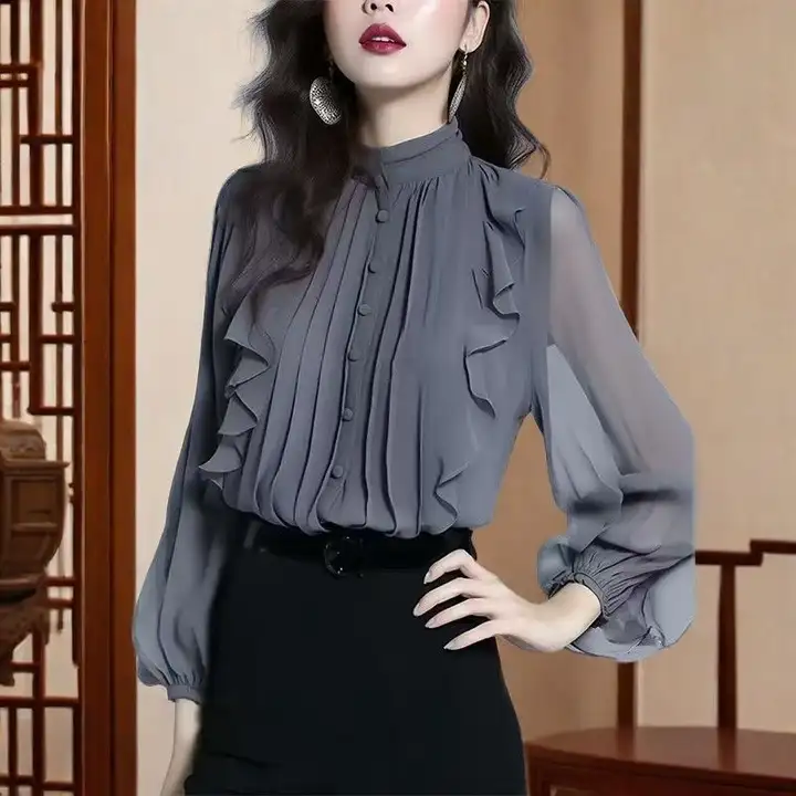 高級シフォン立衿ブラウス【フリルデザイン・長袖・春秋対応】（セットアップ対応）