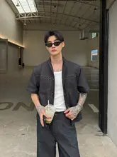 セットアップ メンズ デニム スタンドカラー 半袖 見せステッチ デコンストラクション ワイドデニム ヴィンテージ カジュアル 上品 「cuibuju」