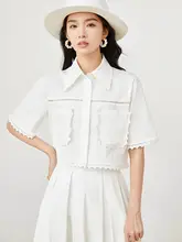 ローマの休日風 夏用 白色のボタン付きレーストップスとシフォンスカート【伞裙・セットアップ対応】