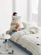 ブルーストライプの猫デザイン綿100%ベッド用品4点セット【シンプル・学生用】