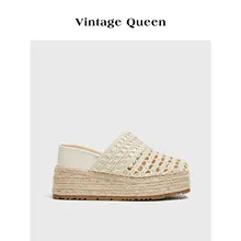 花柄デザインのヴィンテージ風ウェッジソール草編みトングサンダル【夏用・リゾートファッション】