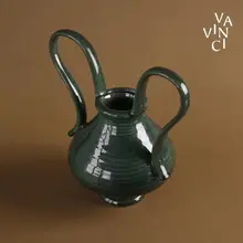 高級感のあるダークグリーン陶器製小花瓶【フレンチスタイル・ダブルハンドル・インテリア装飾用】