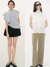 純色コットンリネンの短袖トップス【リボンデザイン・レトロスタイル・夏用】